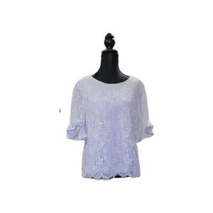 Nanette Lepore Womens L White Contemporary Floral Lace Short Sleeve Blouse